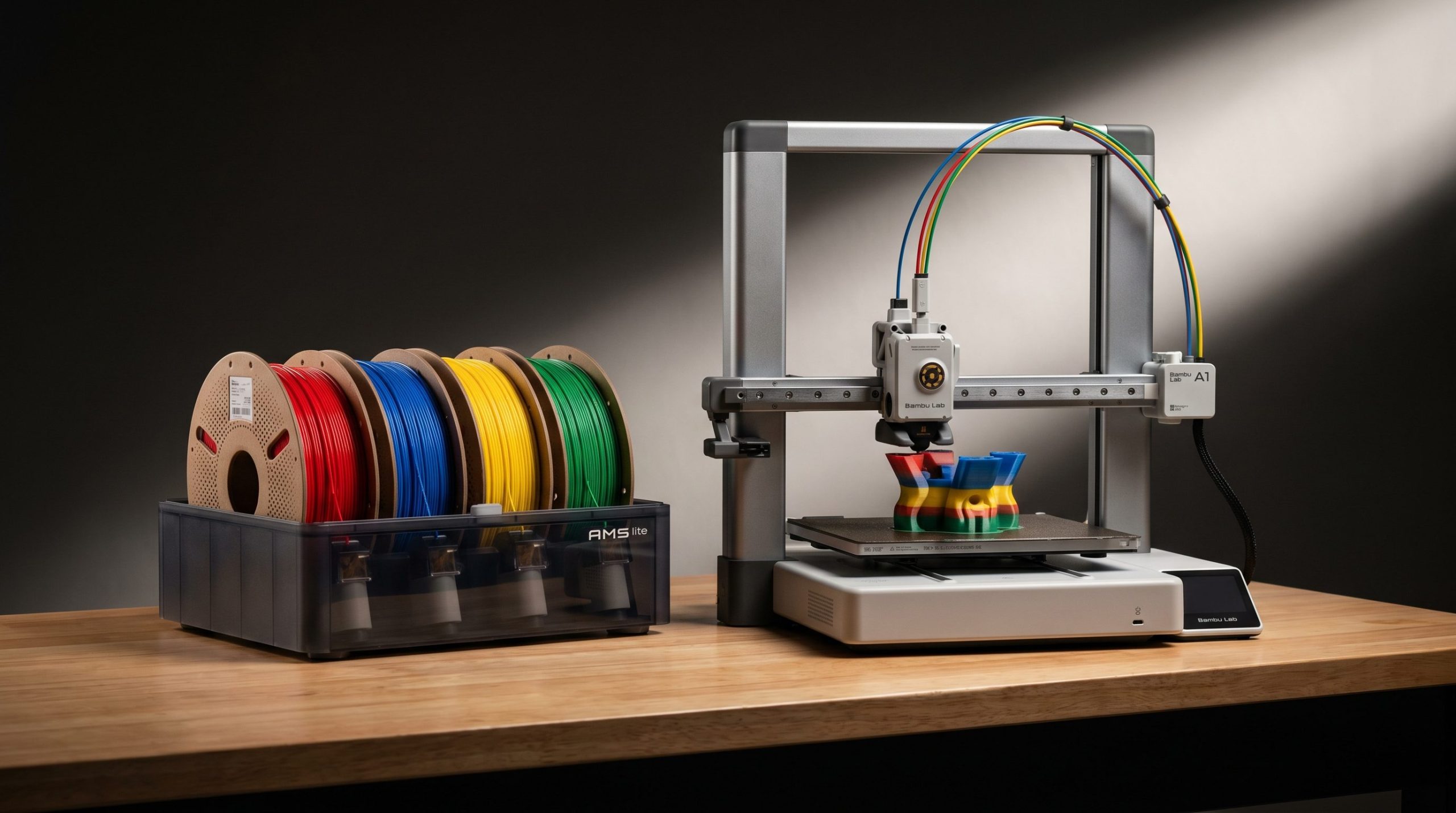 Bambu Lab A1 Combo imprimante 3D avec système AMS multi-couleurs sur établi