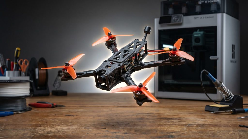 Drone FPV de course imprimé en 3D cadre PETG sur établi atelier impression 3D