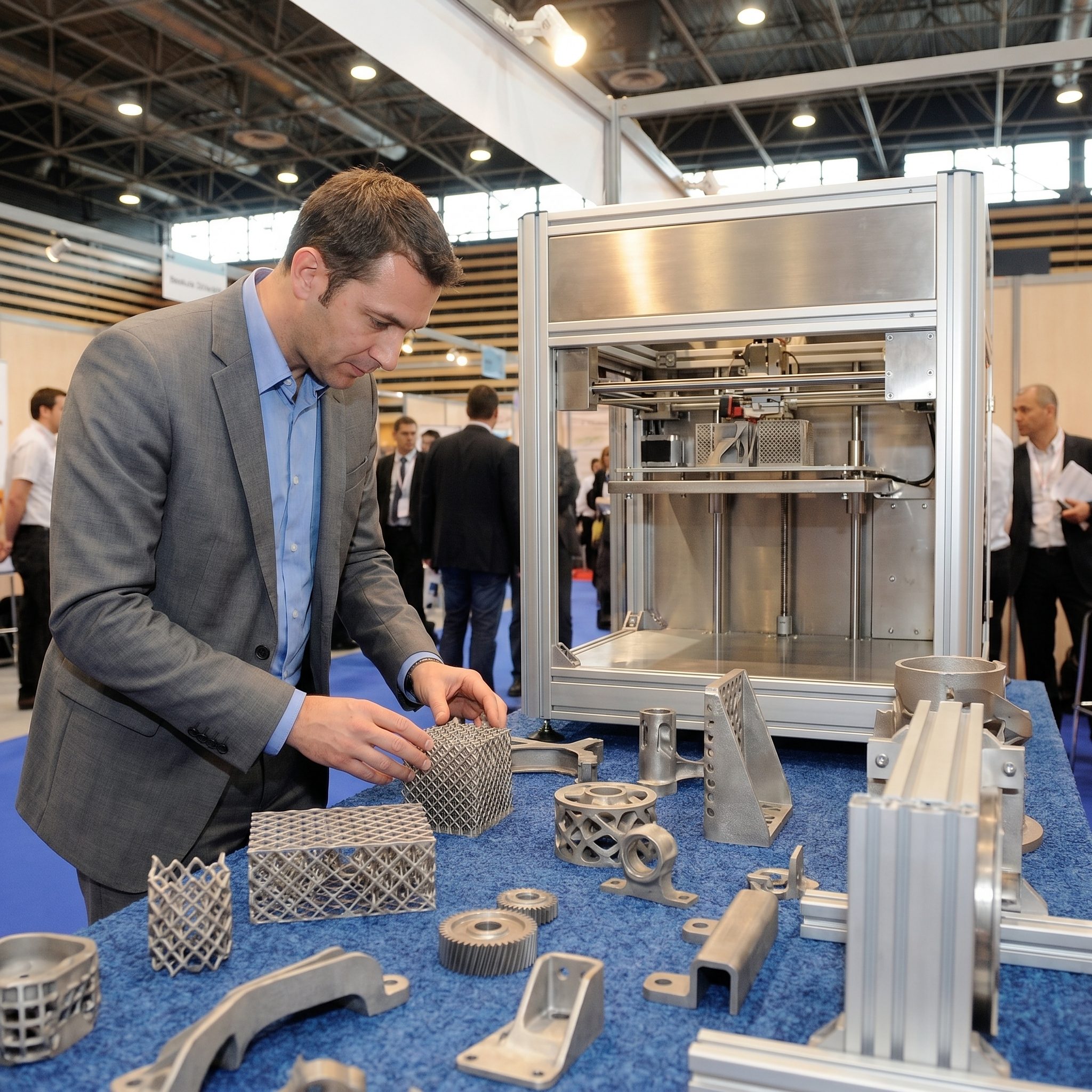 Ingenieur examinant des pieces en metal imprimees en 3D sur un stand au salon 3D Print Lyon 2026