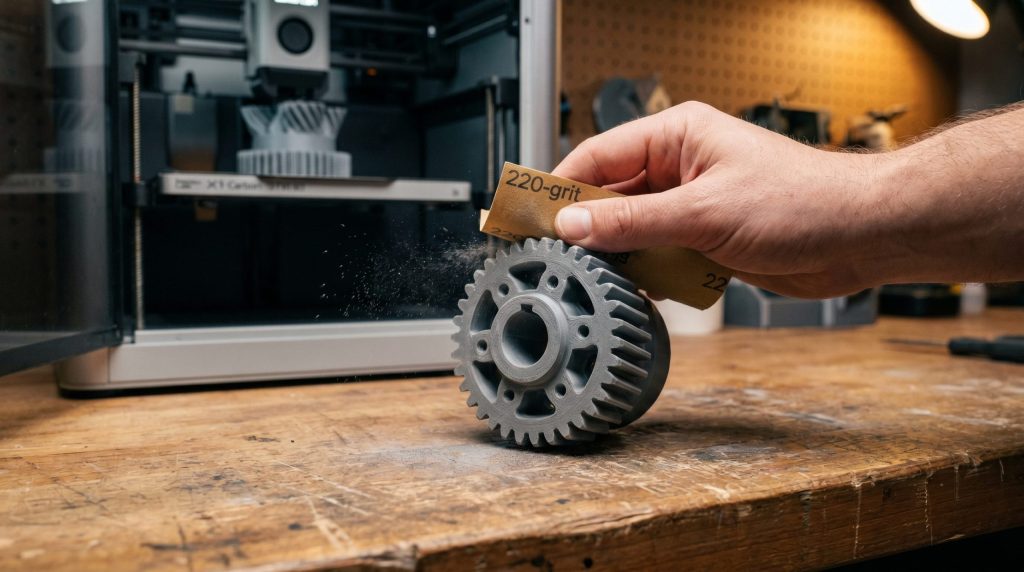 Ponçage impression 3D PLA avec papier de verre sur établi en bois, imprimante 3D Bambu Lab en arrière-plan