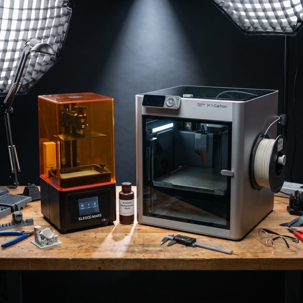 Comparatif résine vs filament impression 3D - imprimante résine Elegoo Mars et imprimante FDM Bambu Lab côte à côte