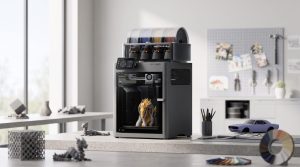 Imprimante 3D Bambu Lab X2D double extrudeur sur bureau d'atelier