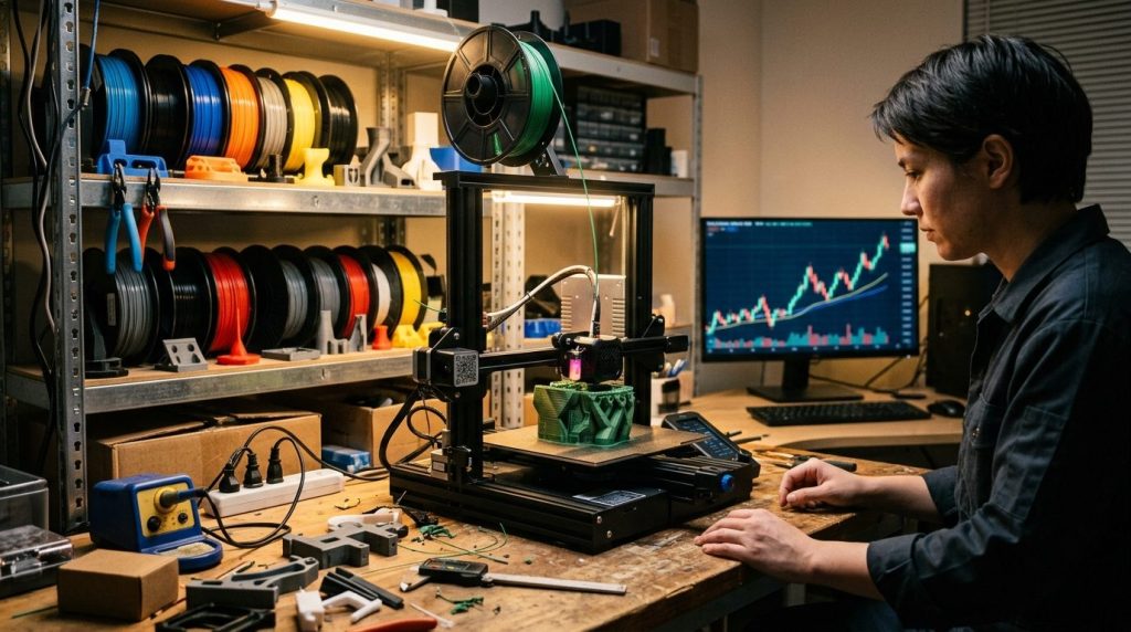 Imprimante 3D Creality K2 Plus en fonctionnement dans un atelier maker