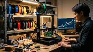 Imprimante 3D Creality K2 Plus en fonctionnement dans un atelier maker