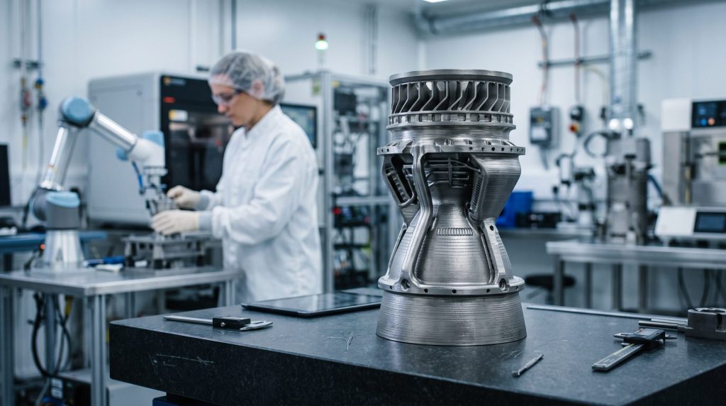 Pièce métallique de moteur-fusée imprimée en 3D sur banc d'inspection en labo aérospatial