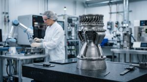 Pièce métallique de moteur-fusée imprimée en 3D sur banc d'inspection en labo aérospatial