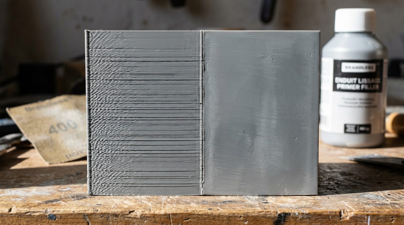 Surface PLA imprimée 3D : comparaison stries brutes et surface lissée après ponçage et enduit