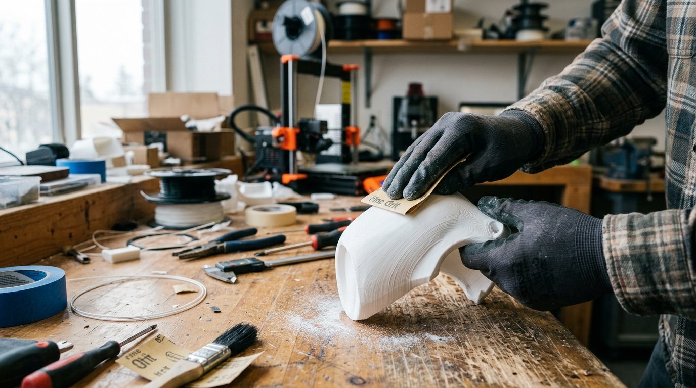 Pièce imprimée 3D en PLA poncée à la main pour lisser les stries de couche