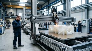 Imprimante 3D FDM grand format à portique dans un atelier industriel allemand
