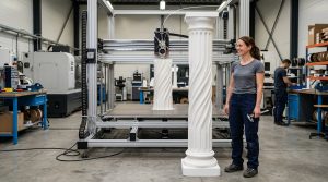 Colonne monobloc de 1,7 m imprimée en 3D FDM grand format à côté d'un ingénieur