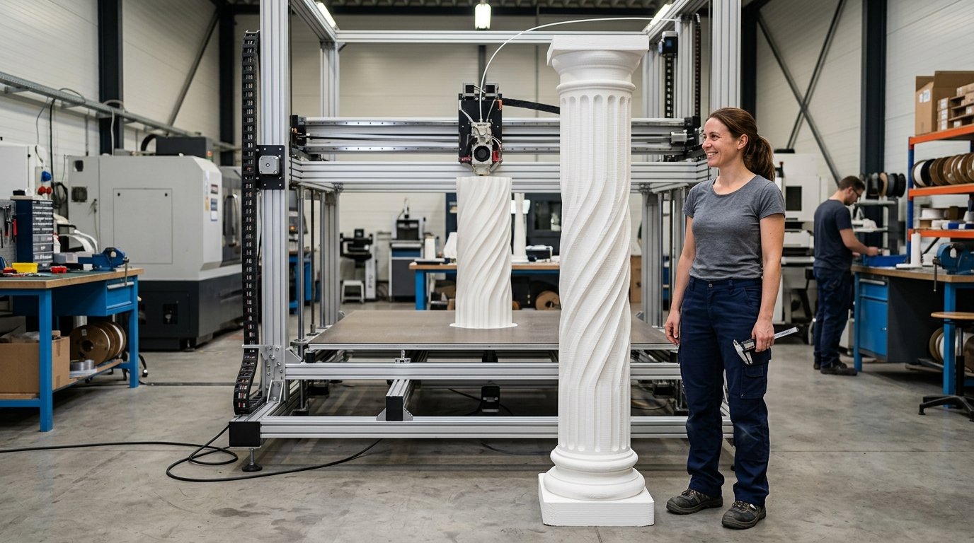 Colonne monobloc de 1,7 m imprimée en 3D FDM grand format à côté d'un ingénieur