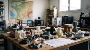 Atelier français avec pièces imprimées en 3D sur un établi et carte de France