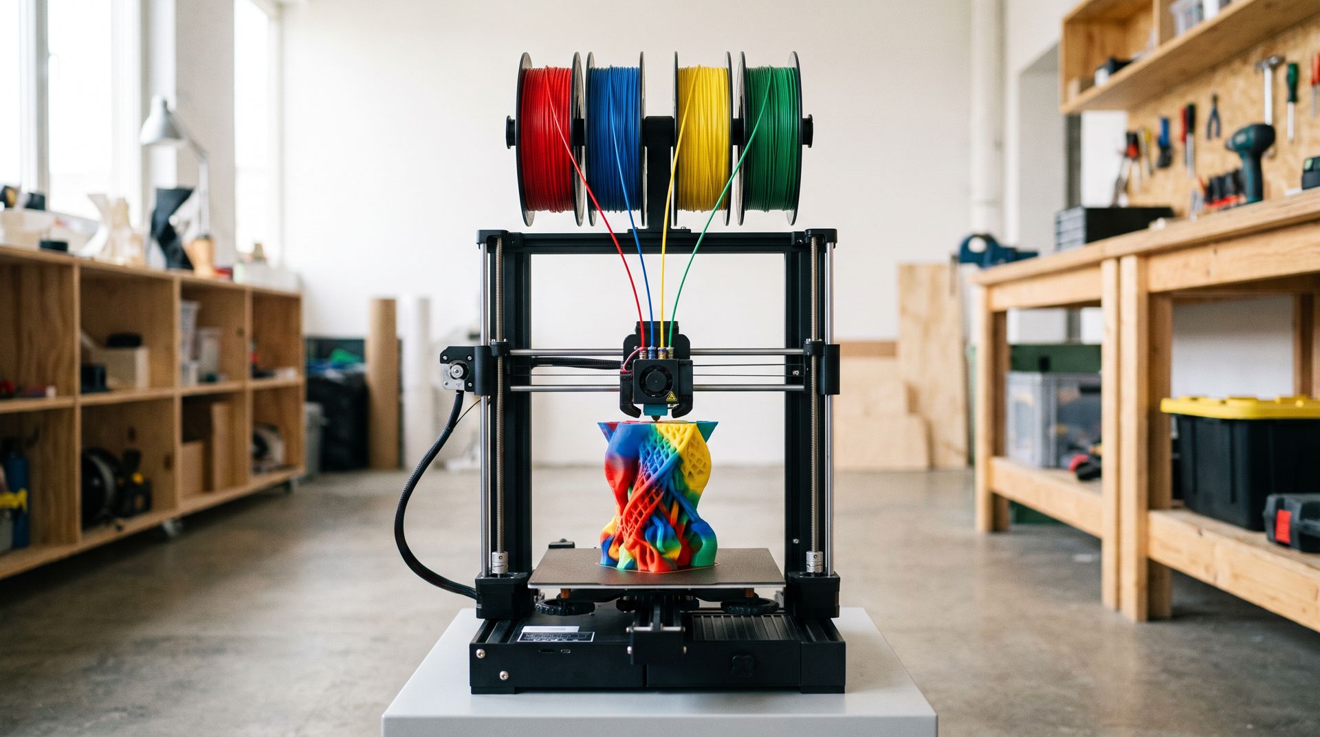 Imprimante 3D FDM de bureau à quatre bobines en train d'imprimer une pièce multicolore