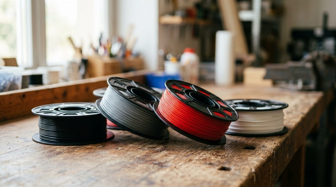 Bobines de filament 3D noire, grise, rouge et blanche sur un établi en bois