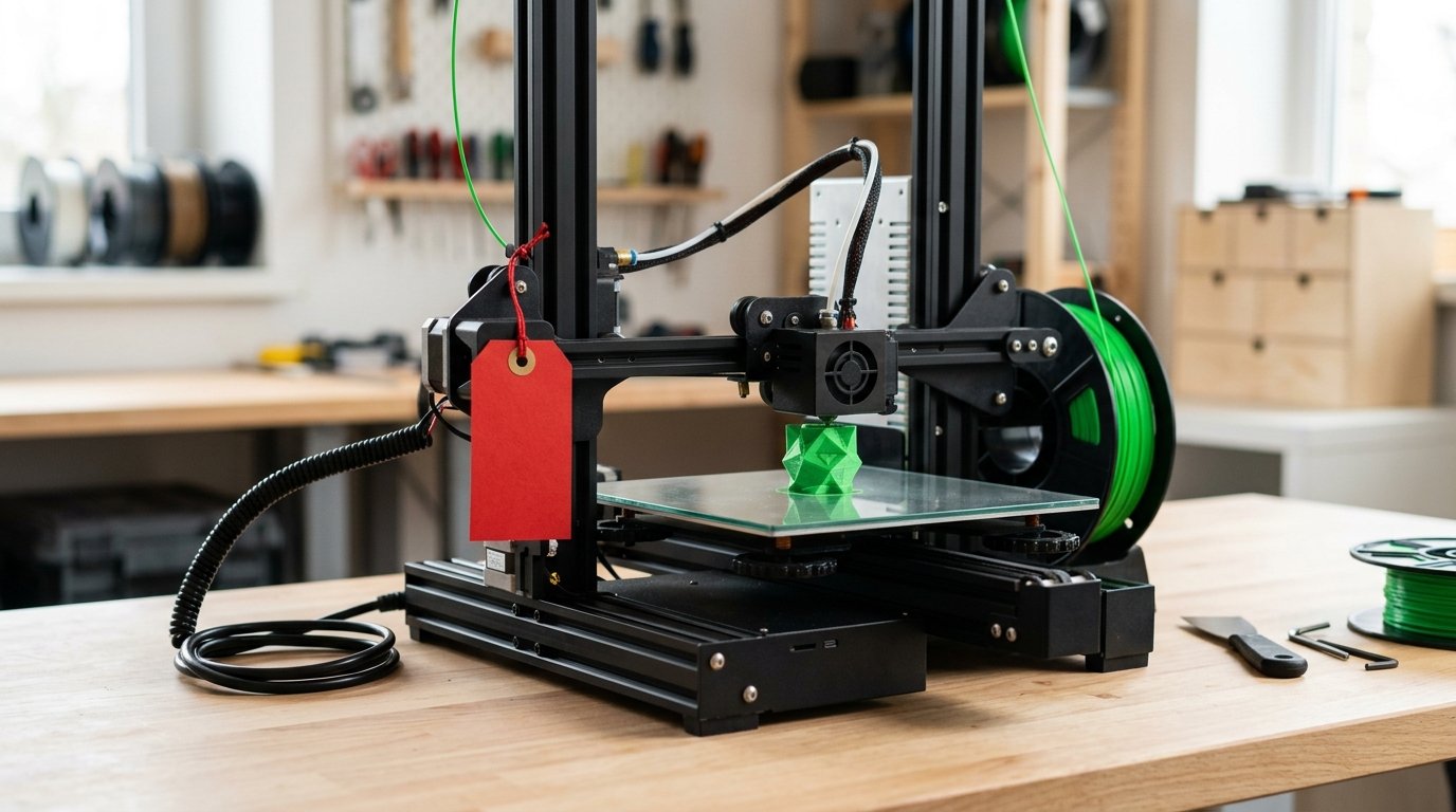Imprimante 3D FDM de bureau avec étiquette promo rouge, Black Friday 2026